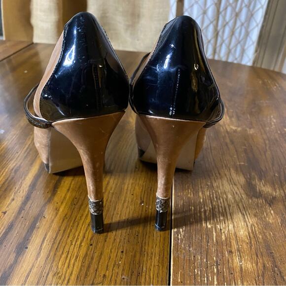 JESSICA SIMPSON Platform Heels Size 9B Brown Leather Black Patent Snakeskin Trim - Picture 9 of 11